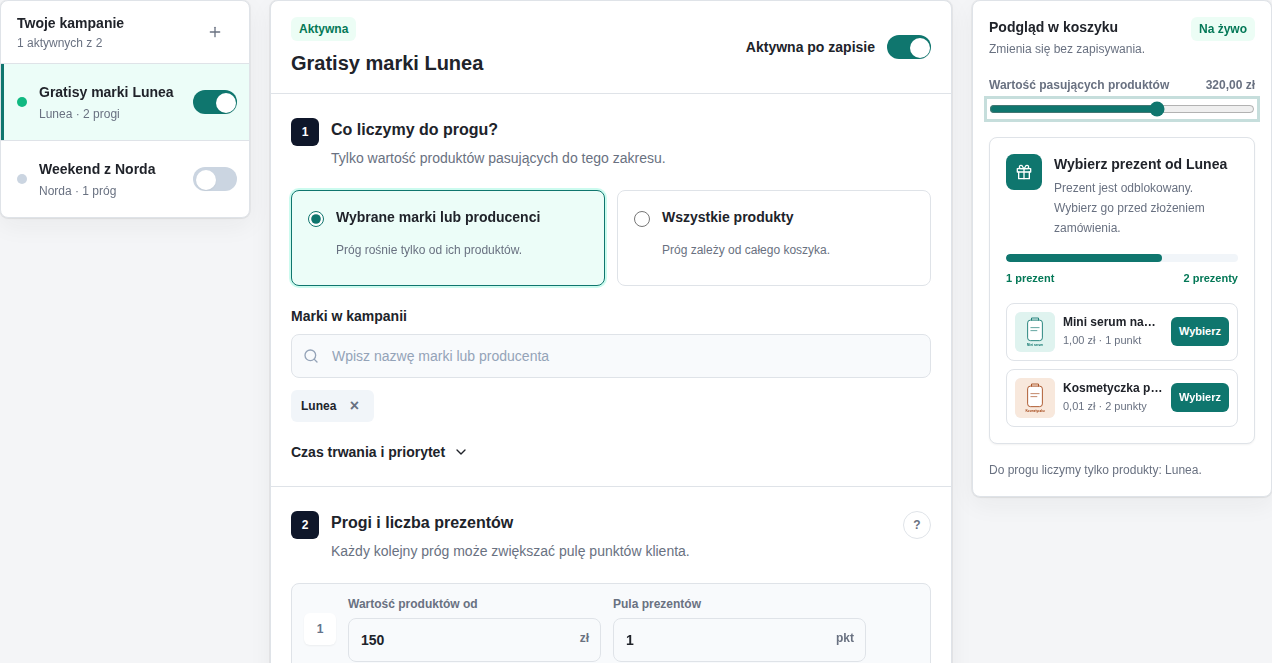 Edytor kampanii gratisowej per marka w panelu GrowGift