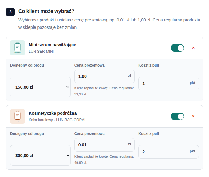 Ustawienie ceny prezentowej, punktów i progu produktu w GrowGift